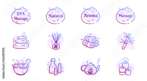 Line massage wellness icons set of spa stones, aroma oil, tea, bamboo, mortar and pestle. Relaxation therapy concept with logo design. Alternative oriental zen. Vector logo pictogram drawing isolated
