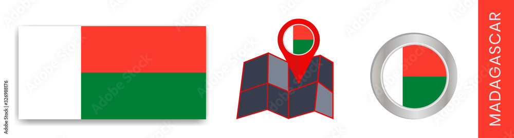 Madagascar's national flag collection is isolated in official colors and a map icon of Madagascar with a country flag. Madagascar's national flag collection is isolated in official colors and a map icon of Madagascar with a country flag.