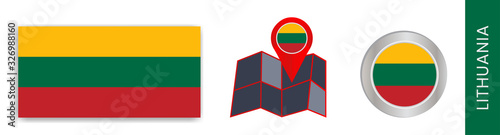 Collection of isolated national flags of Lithuania in official colors and map icons of Lithuania with country flags.