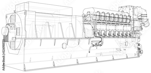 Generator. Diesel and gas industrial electric generator. The layers of visible and invisible lines are separated. Wire-frame outline.