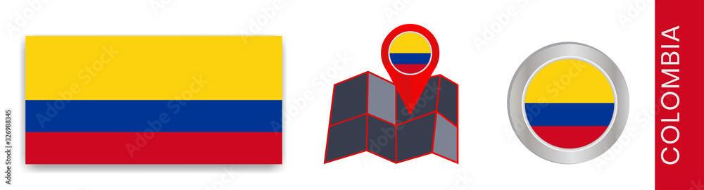 Fototapeta premium Collection of national flags of Colombia isolated in official colors and map icons of Colombia with country flags.