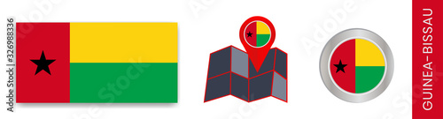 The collection of Guinea-Bissau national flags isolated in official colors and a map icon of Guinea-Bissau with country flags.