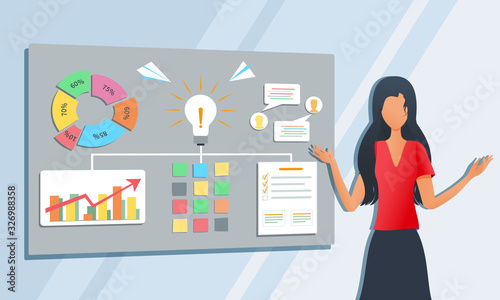 Vector modern illustration of business consultant give presentation of ideas for new startup project. Businesswoman, teacher or coach explaining information during workshop training seminar