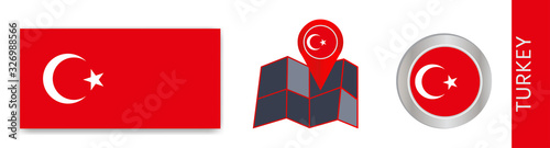 Collection of Turkish national flags isolated in official colors and map icons of Turkey with country flags.