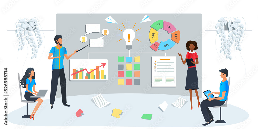 Vector modern illustration of business training. Team brainstorming the idea. Workshop event. Startup new business project. Market statistics analysis, employee studying company growth analytics. Vector modern illustration of business training. Team brainstorming the idea. Workshop event. Startup new business project. Market statistics analysis, employee studying company growth analytics.