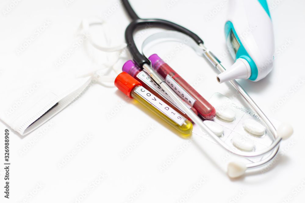 Coronavirus COVID-19 outbreak infected blood sample in sample tube laboratory analysis obkect on white background Coronavirus COVID-19 outbreak infected blood sample in sample tube laboratory analysis obkect on white background