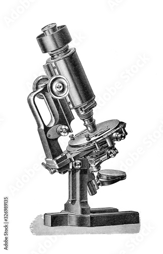 Antique microscope for science/ Antique engraved illustration from Brockhaus Konversations - Lexikon 1908 photo