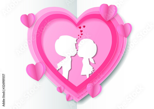 A picture of a boy and a girl kissing, have hearts all around. Love card Valentine's day on abstract background. Paper craft style. Paper art style. Paper cut and craft style. vector, illustration.