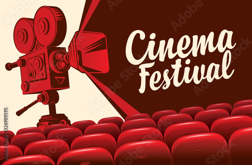 Vector cinema festival poster with old fashioned movie camera. Illustration with empty movie theatre. Cinema hall with big screen and red seats. Can be used for banner, poster, web page, background