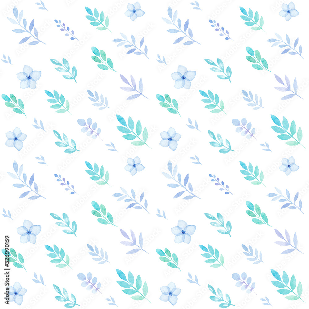 Spring seamless pattern of flowers and leaves in watercolor, greetings card, isolated on white, pastel colors Spring seamless pattern of flowers and leaves in watercolor, greetings card, isolated on white, pastel colors