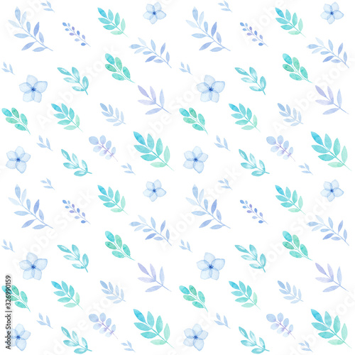 Spring seamless pattern of flowers and leaves in watercolor, greetings card, isolated on white, pastel colors