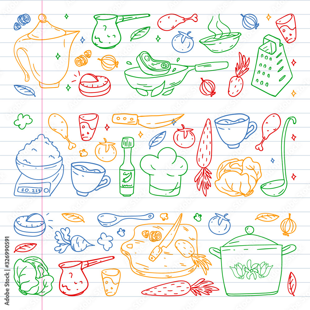 Pattern with gastronomy icons, vector cuisine and fast food cafe bright background for menu, receipts. Colorful, pictures on a sheet of checkered paper on a white background. Pattern with gastronomy icons, vector cuisine and fast food cafe bright background for menu, receipts. Colorful, pictures on a sheet of checkered paper on a white background.