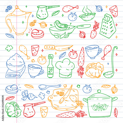 Pattern with gastronomy icons, vector cuisine and fast food cafe bright background for menu, receipts. Colorful, pictures on a sheet of checkered paper on a white background.