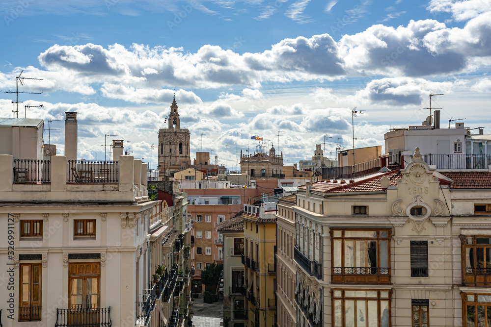 Overlooking the roofs with roof terraces and the old town of Valencia from the Porta de Sarrans, Spain