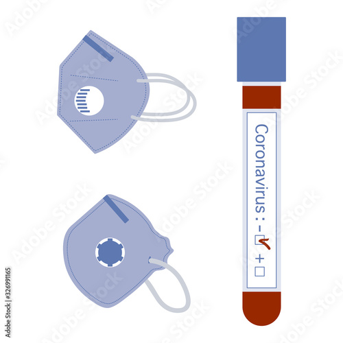 Vector illustration Blood tube, negative Chinese corona virus ncov test. Masks Protect from 2019-nCoV. China pathogen respiratory coronavirus SARS pandemic risk alert Medicine Design for web, print