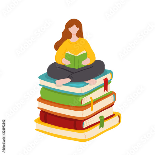 Vector illustration of young woman sitting on giant book pile and reading. Motivational literature fan. Colorful concept illustration.