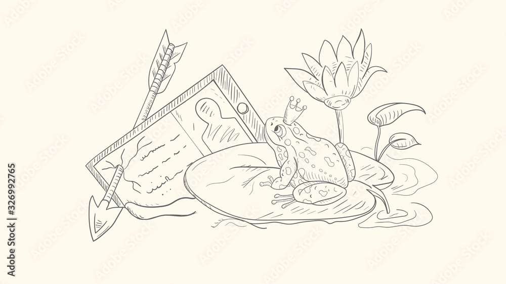 illustration in sketch style outline a frog in a crown sits and looks at a tablet on a leaf of a water Lily illustration in sketch style outline a frog in a crown sits and looks at a tablet on a leaf of a water Lily