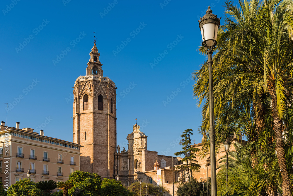 Valencia - Plaza de la Reina and the Cathedral of Valencia with its Bell Tower Micalet