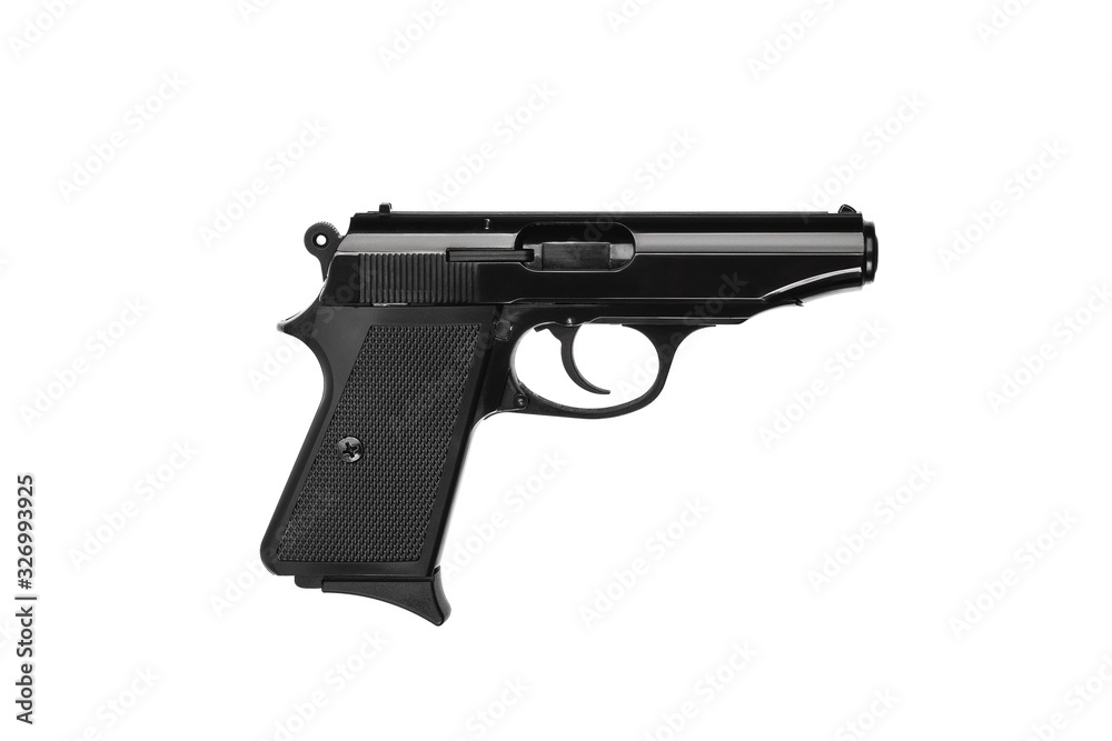 Black gun pistol isolated on white background. Short-barreled weapons for sports and self-defense. Armament for police units, special forces and the army.