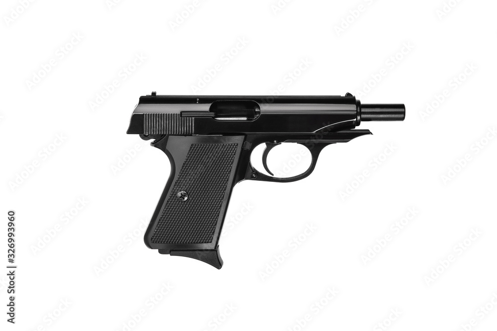 Black gun pistol isolated on white background. Short-barreled weapons for sports and self-defense. Armament for police units, special forces and the army. Black gun pistol isolated on white background. Short-barreled weapons for sports and self-defense. Armament for police units, special forces and the army.