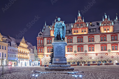 Prince Albert monument on wintry Marktplatz of Coburg #326994109