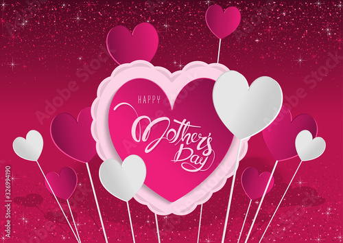 Purple Greeting Card Happy Mother's Day with Paper Hearts on Glittering Background - Festive Illustration, Vector