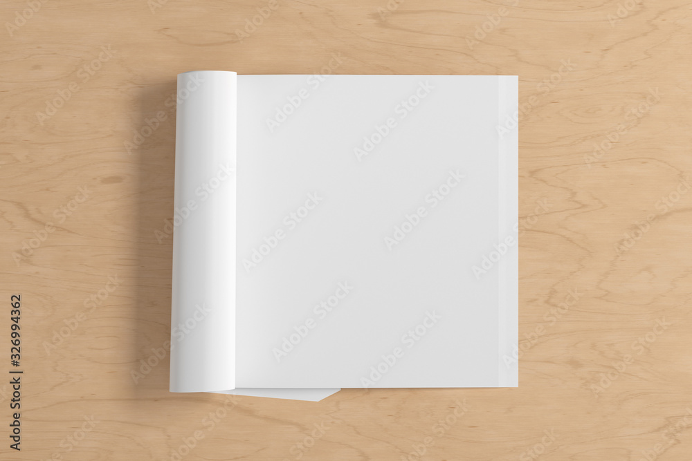 Blank square right magazine page. Workspace with folded magazine mock up on wooden desk. View above. 3d illustration