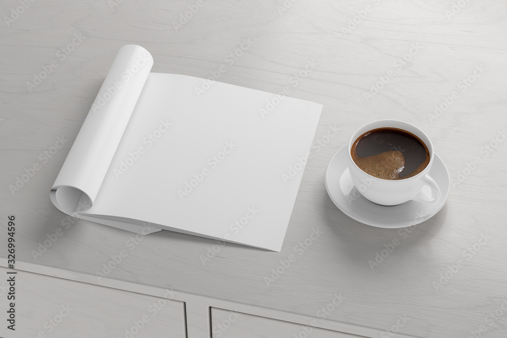 Blank square right magazine page. Workspace with folded magazine mock up on white desk with cup of coffee. Side view. 3d illustration Blank square right magazine page. Workspace with folded magazine mock up on white desk with cup of coffee. Side view. 3d illustration