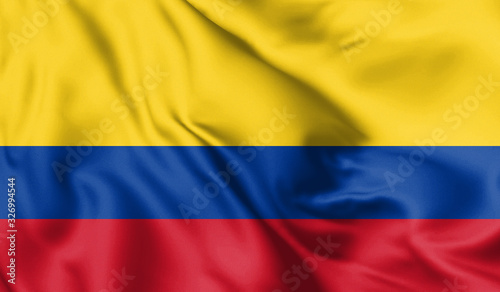 Colombia flag blowing in the wind. Background silk texture. 3d illustration.