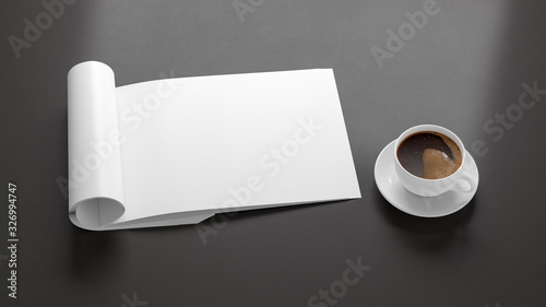 Blank horizontal right magazine page. Workspace with folded magazine mock up on black desk with cup of coffee. Side view. 3d illustration