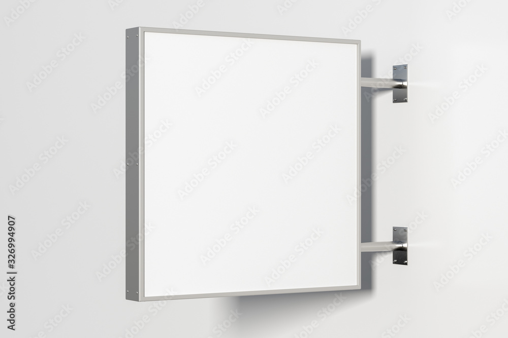 Square singboard or signage isolated on the white wall with blank white sign mock up. Side view. 3d illustration - obrazy, fototapety, plakaty 