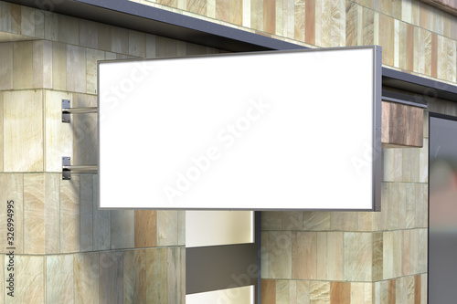 Horizontal singboard or signage on the marble wall with blank white sign mock up. Side view. 3d illustration