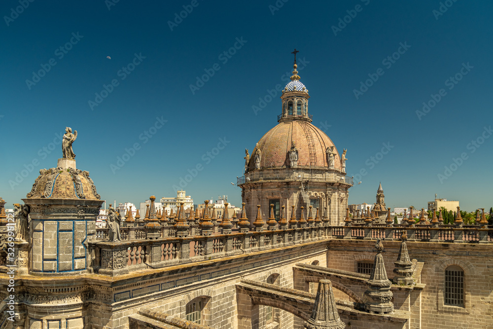The dome of the Cathedral and the bright blue sky. View from the bell tower. Jerez de la Frontera, Andalusia, Spain.