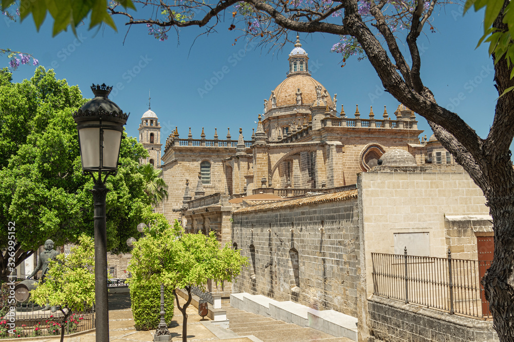 View of the Cathedral and Rosa Street. Jerez de la Frontera, Andalusia, Spain.