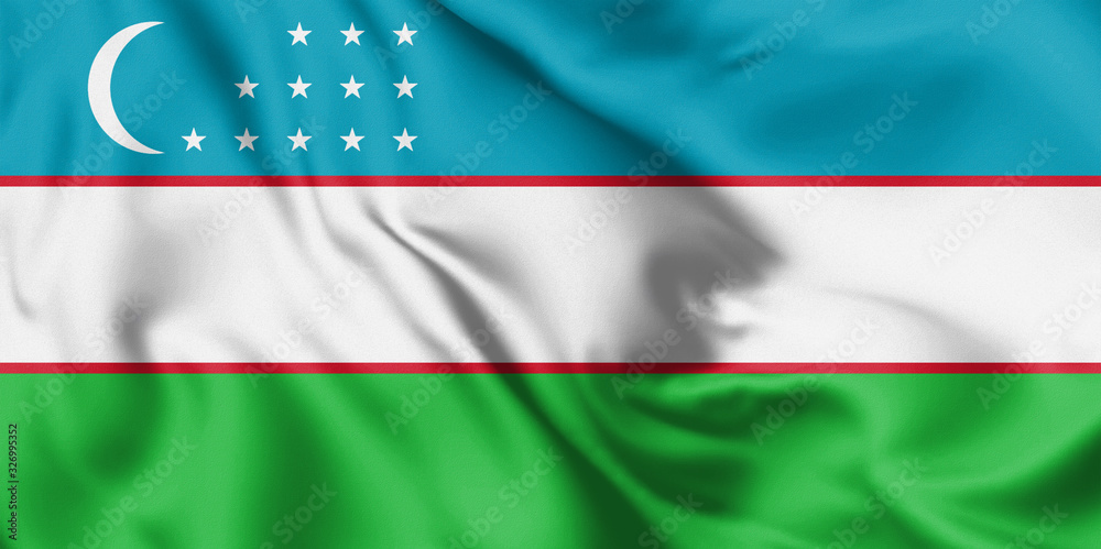 Obraz premium Uzbekistan flag blowing in the wind. Background silk texture. 3d illustration.