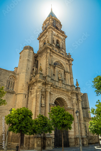 The main facade of the church of San Miguel against the sun. Jerez de la Frontera, Andalusia, Spain