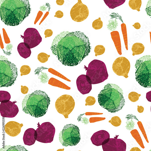 Winter vegetable pattern with textured effects. Seamless repeat vector background print design.