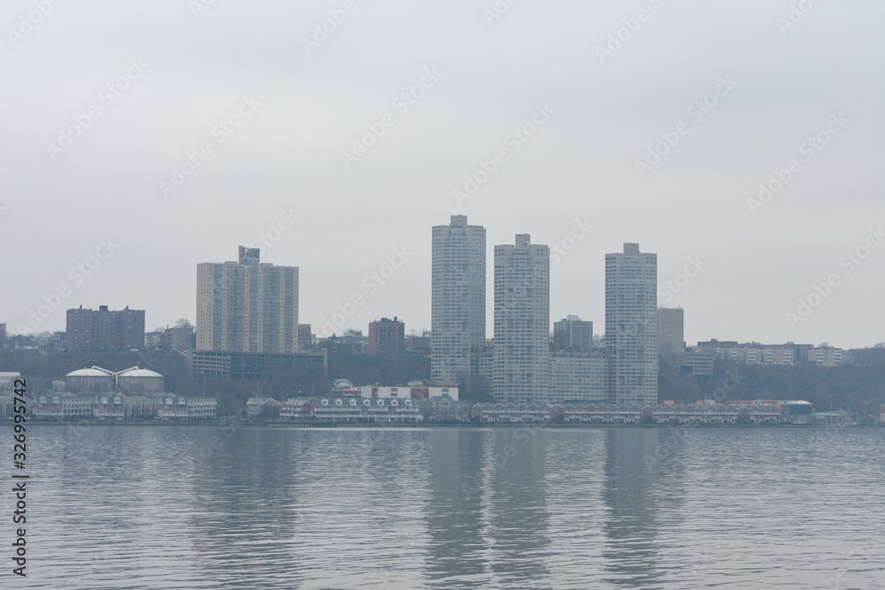 Skyline of West New York and Guttenberg New Jersey on a Foggy Day along the Hudson River