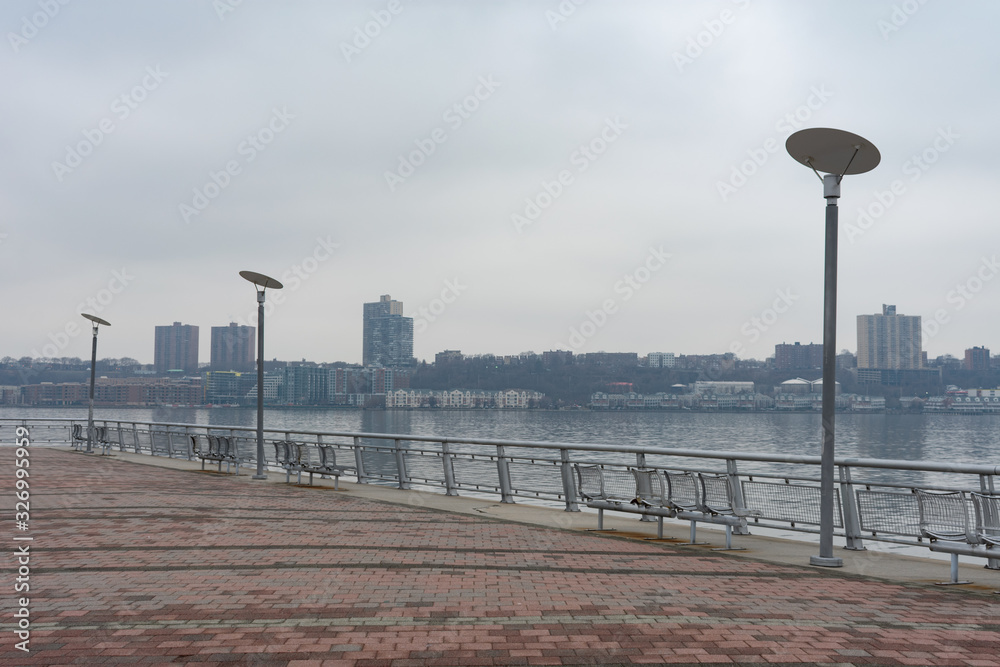 Pier I with No People along the Hudson River in Lincoln Square of New York City on a Foggy Day