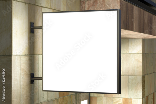 Square singboard or signage on the marble wall with blank white sign mock up. Night scene. Side view. 3d illustration