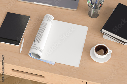 Blank magazine page. Workspace with magazine mock up on the wooden desk with cup of coffee. Side view. 3d illustration