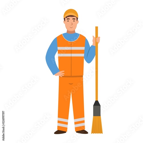 Cartoon janitor with a broom, character for children. Flat vector illustration