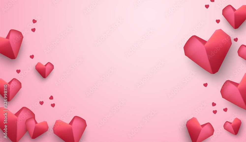 Paper elements in shape of heart on pink background. Vector symbols of love for Happy Women's, Mother's, Valentine's Day, birthday greeting card design.