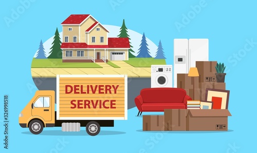 Для ИнтеBackground with boxes, a truck and a house. Delivery service. Concept for transport company for relocation. Vector illustration in flat style.рнета
