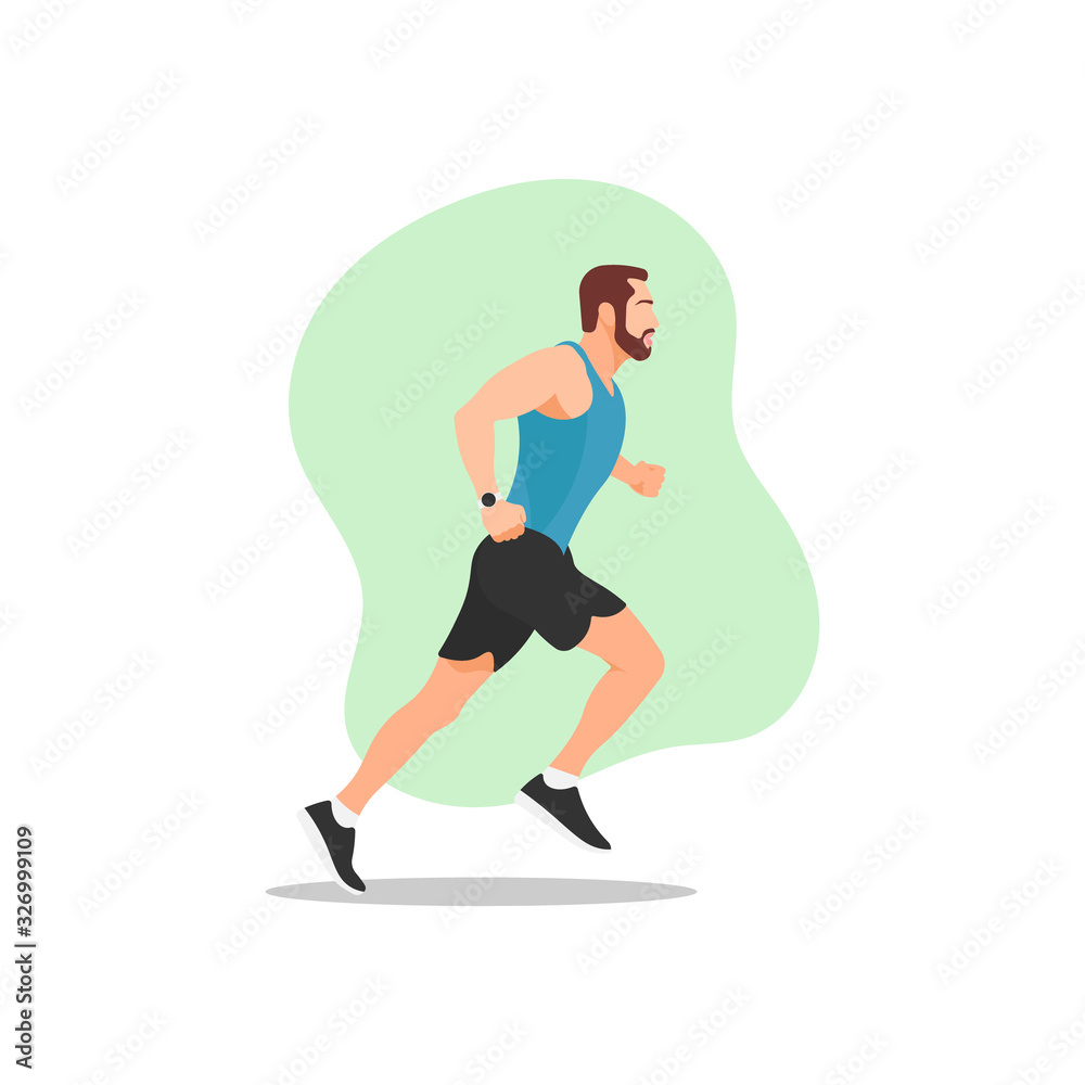 Muscular adult man with beard running or jogging. Workout excercise. Marathon athlete doing sprint outdoor - Simple flat vector illustration.