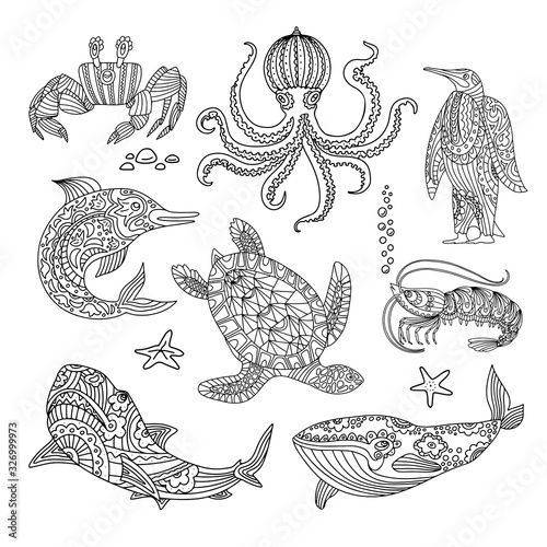 Hand drawn set doodle decorative black  vector illustration crab, octopuse, turtle, dolphin, shark, shrimp, whale isolated on white background. Sea animals design for child  coloring book, page, card