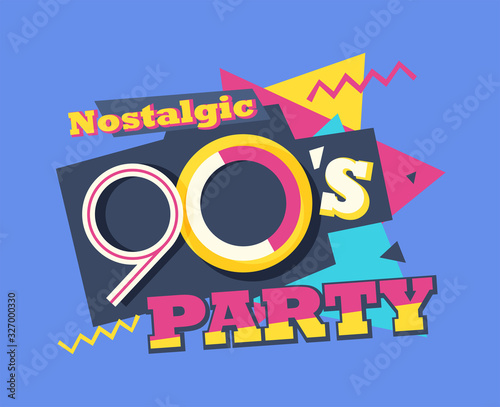 Party time The 90s style label. Vector illustration retro background