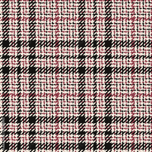 Abstract pattern for textile print. Seamless glen check plaid tartan background in black, pink red, and off white for jacket, coat, skirt, or other spring, autumn, and winter tweed textile design.