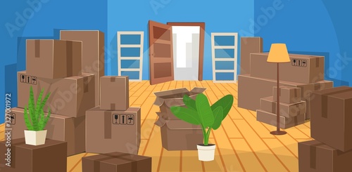 House moving concept. Room with many boxes open door and empty shelves.