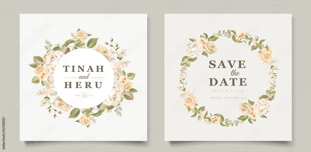 elegant wedding invitation card with floral and leaves